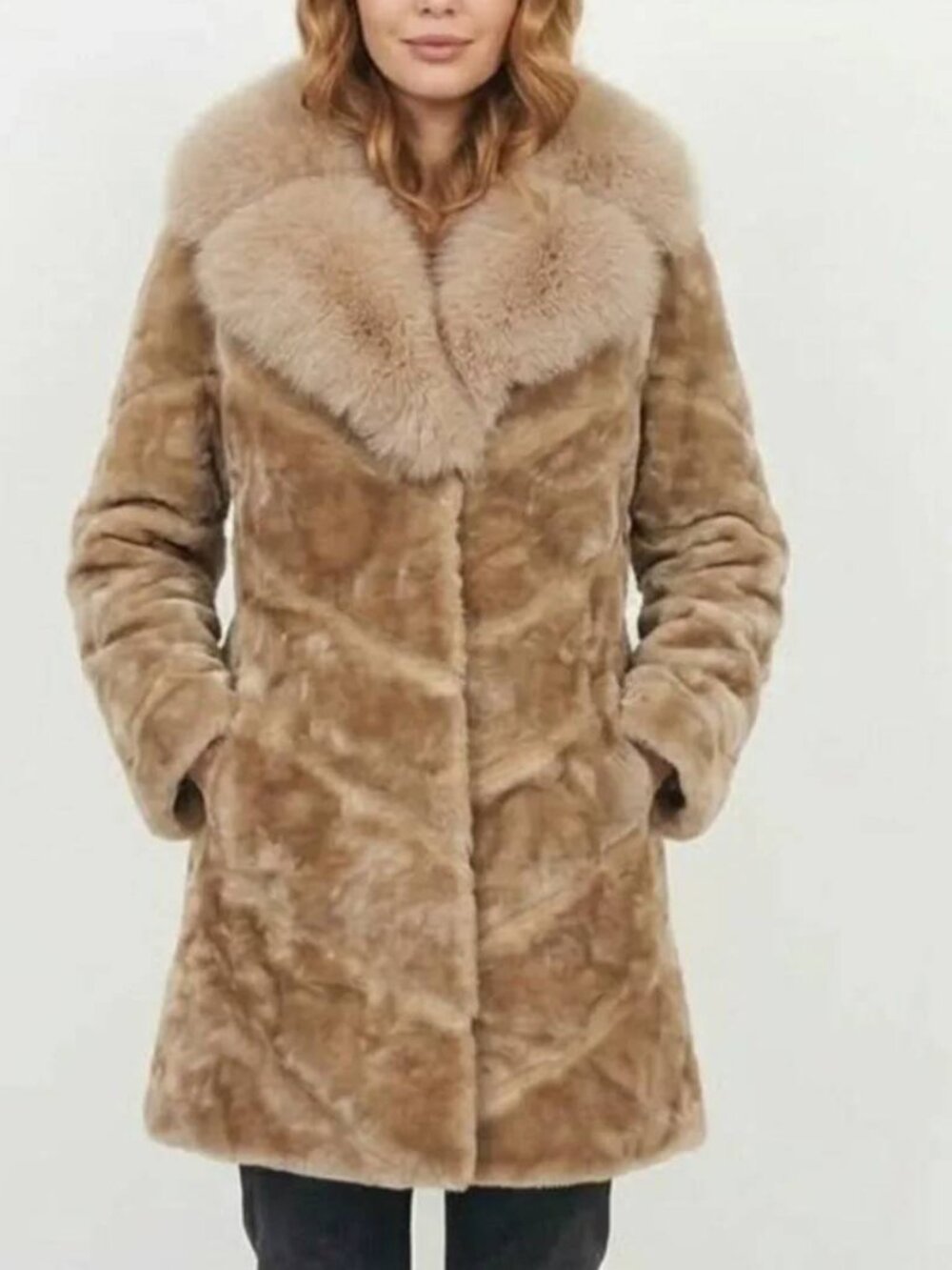 BONITTA Fox Fur Collar Mouton Sheepskin Chevron Winter Coat Jacket Women’s M